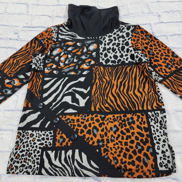 Thomas & Olivia WOMENS SIZE L Cowl Neck Knit Top Black White Patchwork Print - Picture 2 of 10